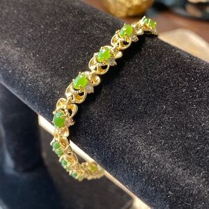 Vintage Gold Tone Green Cabochon Bracelet, Jadeite Style Glass Stones, Costume..